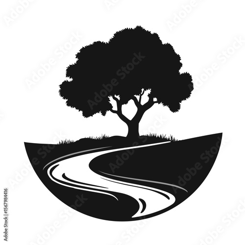 A black and white image of a serene landscape featuring a winding river, a lush green meadow, and a majestic tree against a plain background.