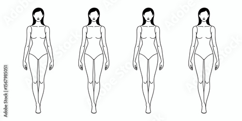 Four women illustration, full body, fashion model sketch, outline drawing, female figure, template