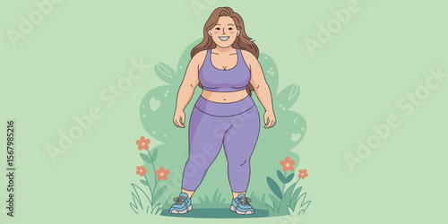 Woman in workout clothes smiling, plus size fitness in nature, one person illustration