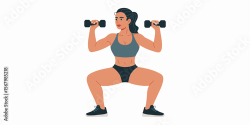 Woman workout with dumbbells, squat exercise. One person, fitness, lifestyle vector illustration.
