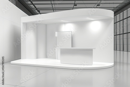 Trade Show Booth White and Blank with Kiosk Lcd Blank Indoor Exhibition with Work Paths 3D Render