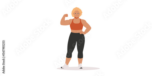 Strong woman flexing biceps. Plus size adult workout for healthy lifestyle. Vector illustration.