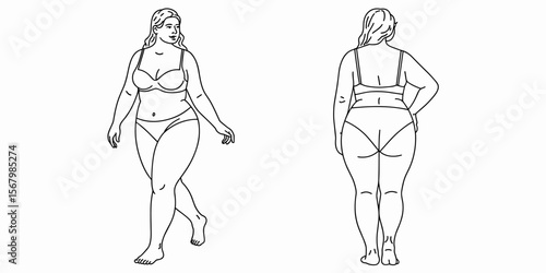 Plus size woman in underwear line art, body positive, diversity, confidence, one person
