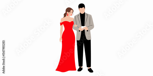 Couple elegant event, woman in red dress, man in suit, formal attire, vector