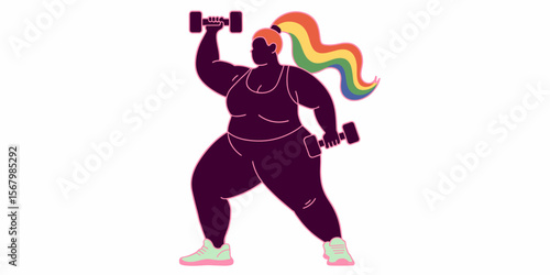Plus-size woman exercising with dumbbells in gym, rainbow hair, one person, vector