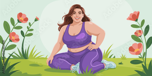 Plus size woman smiling in sportswear exercising outdoors, fitness, illustration