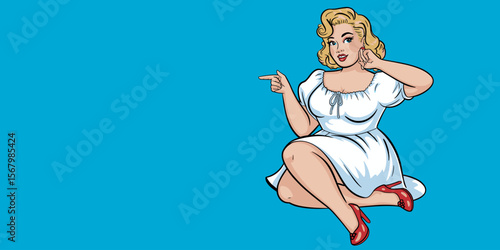 Blonde woman pointing, retro style, 1950s, vintage, one person, cartoon illustration