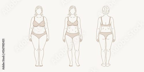 Adult woman poses front and back views in underwear, body positivity concept