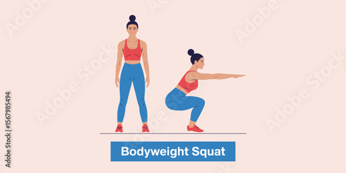 Woman doing bodyweight squat exercise for fitness and healthy lifestyle.