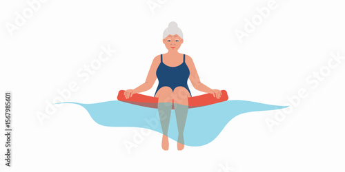 Senior woman in water, swimming pool noodle, relaxing, having fun, exercise, water therapy, vector illustration