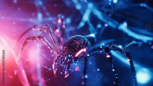 Cybernetic spider crawling through a neonlit web