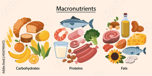 Macronutrients illustration: carbohydrates, proteins, fats food sources for diet, nutrition