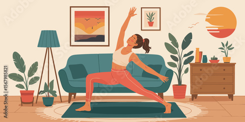 Woman doing yoga at home for wellness lifestyle, one person, exercising indoors