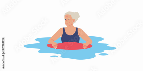 Senior woman swimming with inflatable ring in pool for exercise, water aerobics