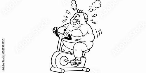 Overweight man on exercise bike, workout, sweating, fitness, one person, indoor, lifestyle, health, exercise, determination