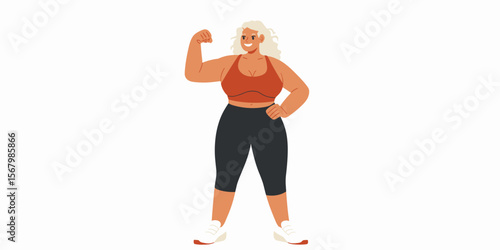 Plus size woman flexing muscles in workout gear, confident and strong