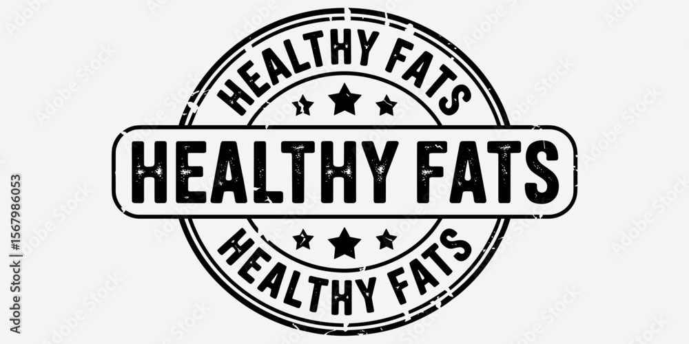 Fototapeta premium Healthy fats stamp, diet nutrition concept, round seal with stars, healthy eating