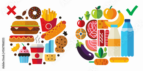 Healthy eating choices comparison, healthy food versus unhealthy food illustration