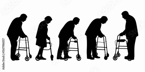 Silhouettes of seniors using walkers, senior citizens, mobility aids, elderly care