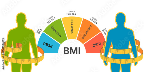 BMI chart with overweight, obese body types, healthy weight range illustration