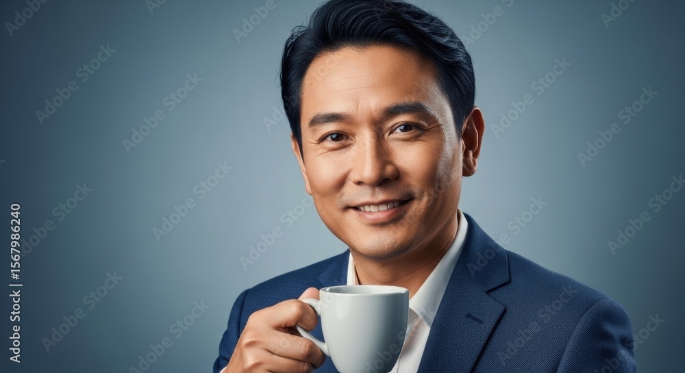 Smiling asian mature male holding coffee mug in suit against blue background Smiling asian mature male holding coffee mug in suit against blue background