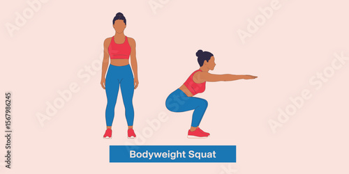 Woman does bodyweight squat exercise, one person, fitness workout, healthy lifestyle vector illustration