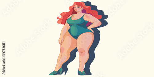 Curvy woman in swimsuit, confident pose, healthy lifestyle, body positive illustration