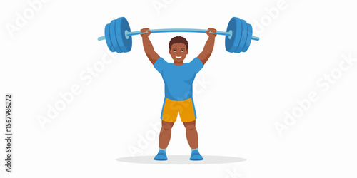 Black man weightlifting barbell overhead, one person, workout, exercise, sport, gym, strength, vector, illustration, fit
