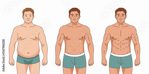 Man body transformation, weight loss, healthy lifestyle, diet, fitness, vector illustration