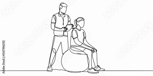 Physical therapist with female patient on fitness ball. Healthcare. Line art, illustration