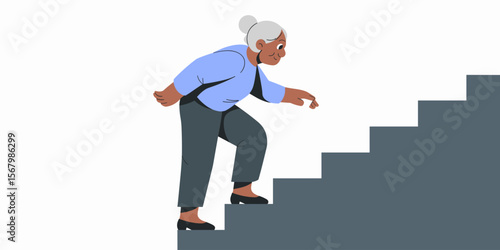 Senior woman climbing stairs, exercise, elderly fitness, older adult lifestyle, home steps, vector illustration