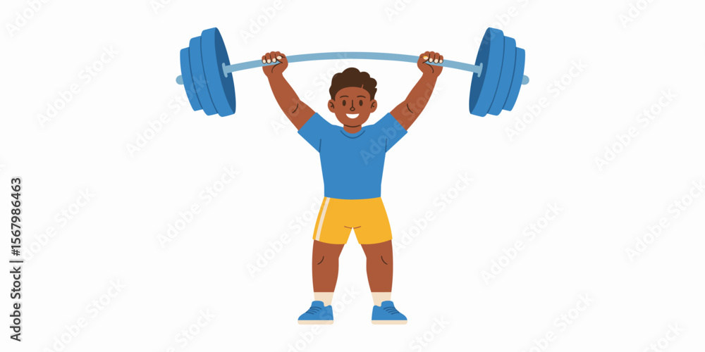 Obraz premium Weightlifting workout: Young adult man lifts barbell overhead at the gym