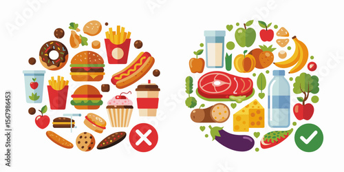 Healthy diet vs unhealthy food choices illustration, balanced nutrition concept