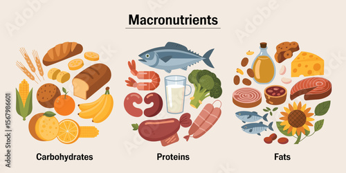 Macronutrients illustration: carbohydrates, proteins, and fats food set