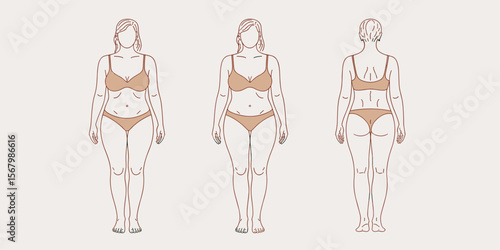 Plus size woman, front and back view, line art illustration, body positive, healthy lifestyle concept.