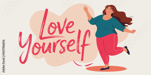 Happy plus size woman in 30s jumping for joy and loving herself with positive self esteem