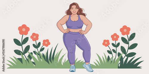 Woman plus size fitness standing in garden, smiling. One person, exercise, healthy lifestyle.