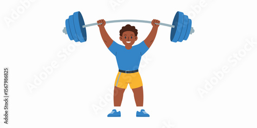 Weightlifting: Smiling Black man lifting barbell overhead in gym, one person workout