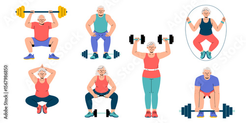 Senior fitness: older adults exercising, lifting weights, jumping rope, stretching. Vector illustration.
