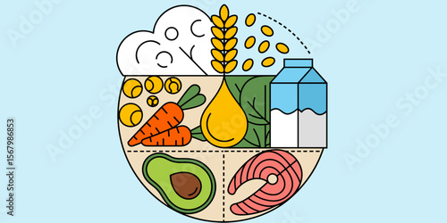 Healthy food groups illustration: carbohydrates, protein, fats, dairy, vitamins, nutrition
