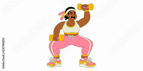 Plus-size woman exercising with dumbbells in pink activewear, workout, vector