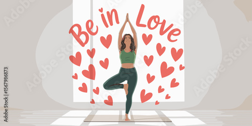 Woman in tree yoga pose in love heart illustration, fitness, health, love concept