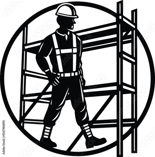 Cartoon vector illustration of construction worker in helmet on a ladder, construction zone, toolbelt, manual worker, craftsperson