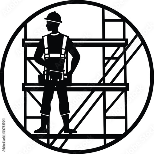 Construction workers, including a woman on a ladder, are engaged in various tasks like hammering, chiseling, site worker, trade, occupation, physical, worker woman