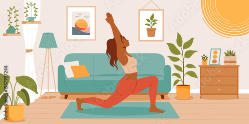 Woman in 20s exercising yoga pose at home for wellness, vector illustration