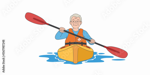 Senior man kayaking, active lifestyle, paddling kayak with paddle on water