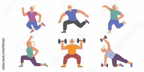 Active seniors exercising: Older adults fitness, running, lunges, lifting weights vector