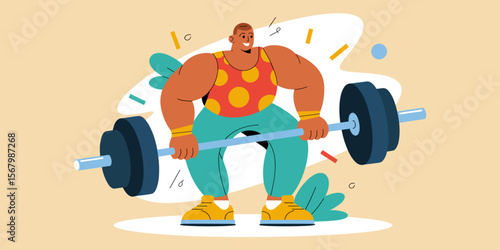 Man weightlifting barbell in gym, plus size workout, fitness training, vector illustration