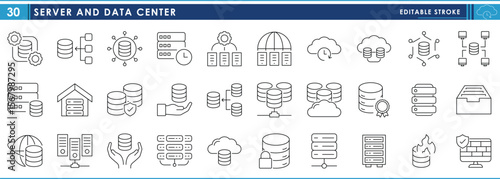 A set of line icons related to Server and Data Center. Server, data, security, save, database, systematic, and so on. Vector editable stroke.