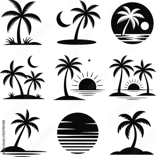 Palm tree vector silhouette collection tropical beach summer vacation logo design graphic template set isolated